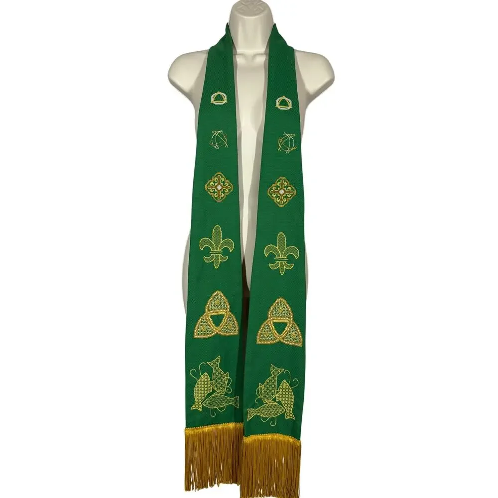 Celtic Stole Graduation Clergy Overlay Knit Fringe Scarf Green Gold